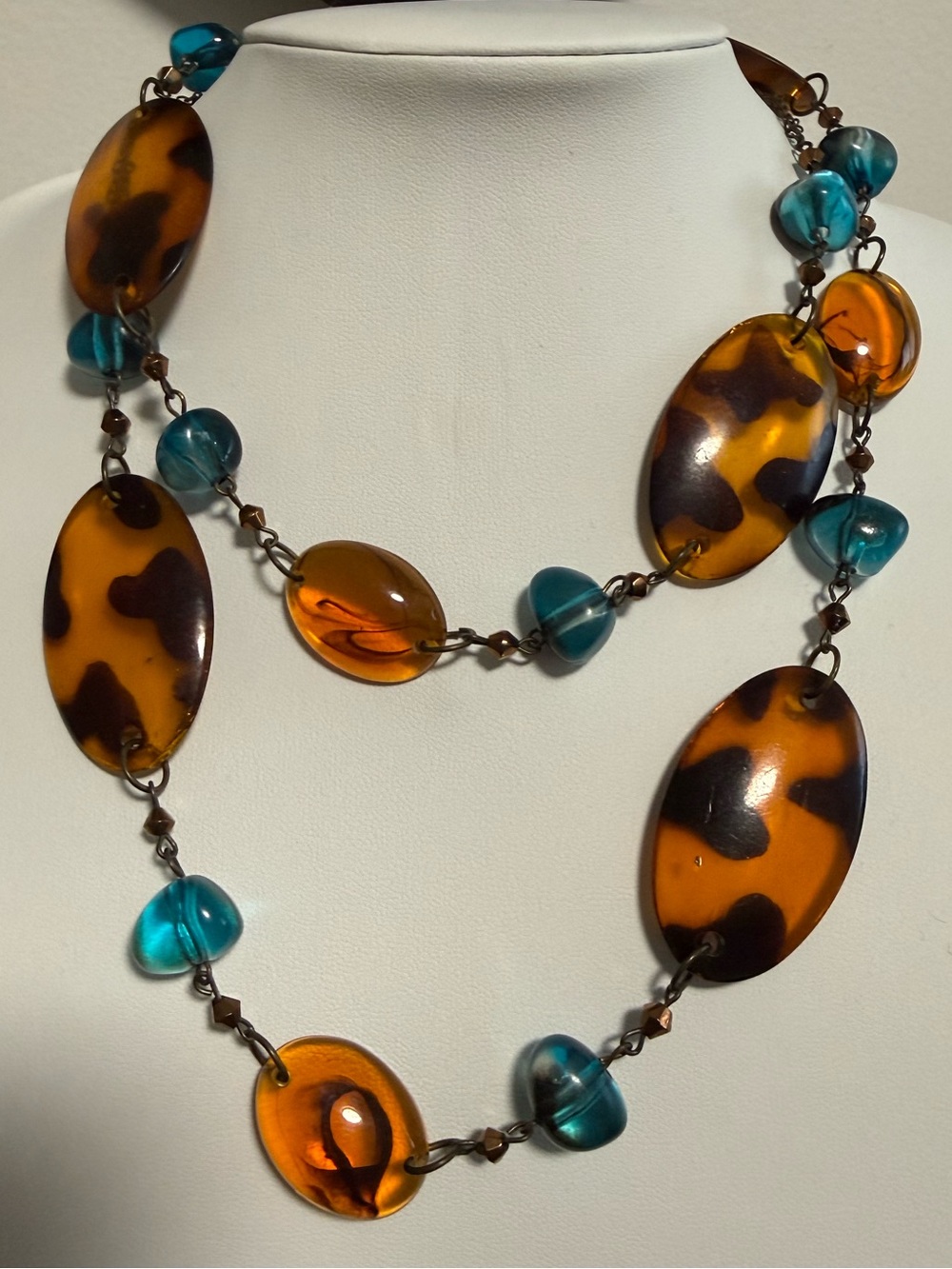 Leopard Print & Teal Beaded Necklace